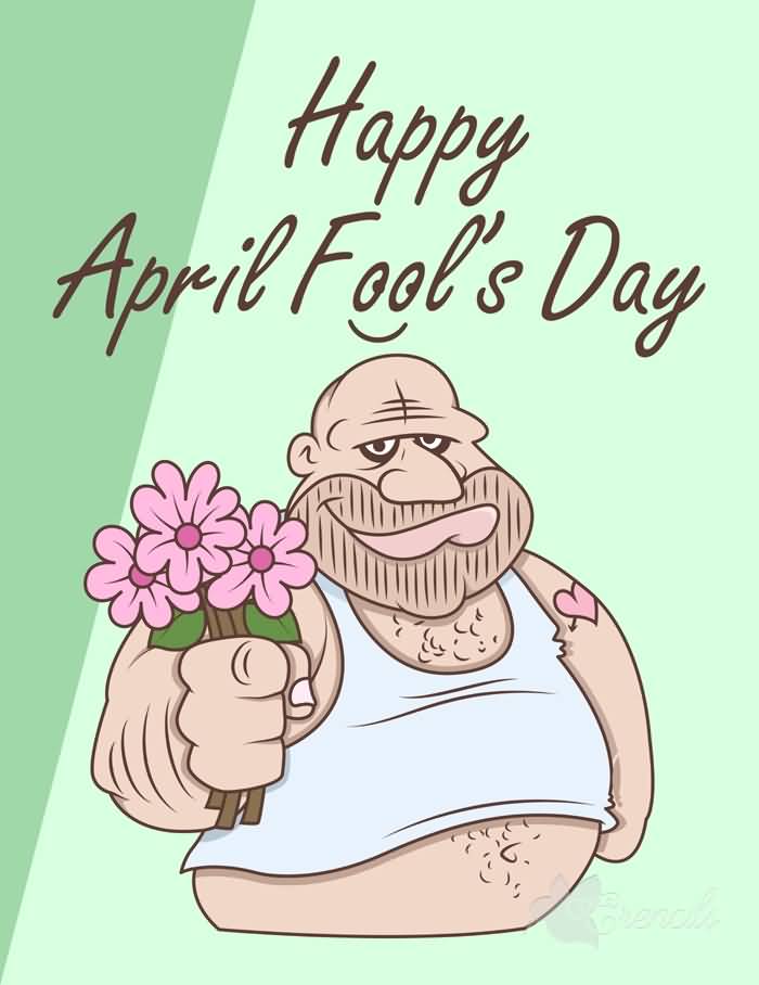 Fat Man With Flowers In Hand Wishing You Happy April Fools Day