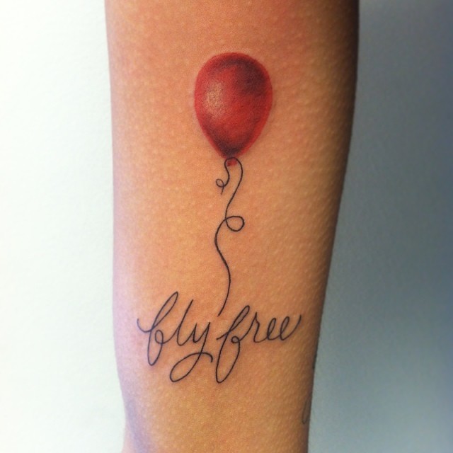Fly Free - Red Ink Balloon Tattoo On Right Bicep