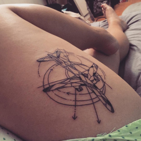 Geometric Airplane Tattoo On Right Side Thigh