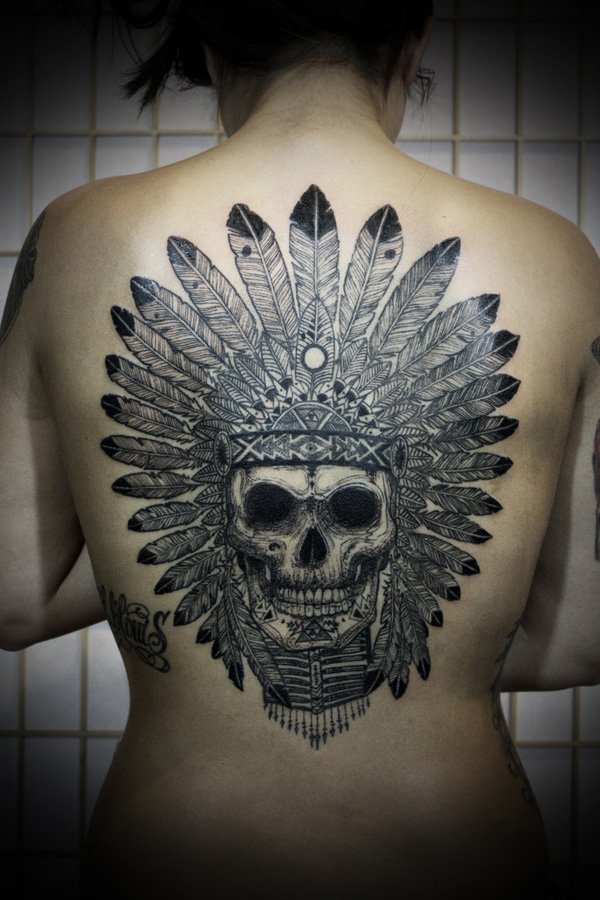 Geometric Black Ink Native Skull Tattoo On Women Upper Back By David Hale