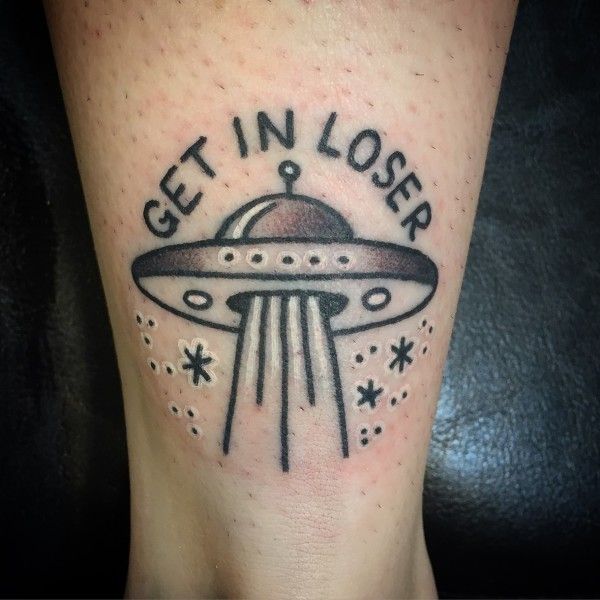 Get In Loser – Black Ink UFO Tattoo Design For Arm