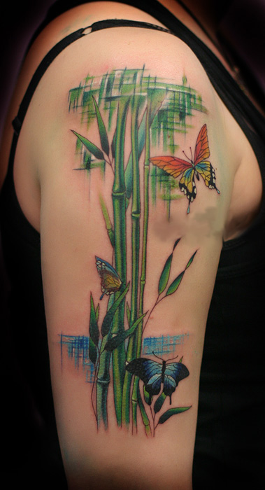 Green Ink Bamboo Tree With Butterflies Tattoo On Right Half Sleeve