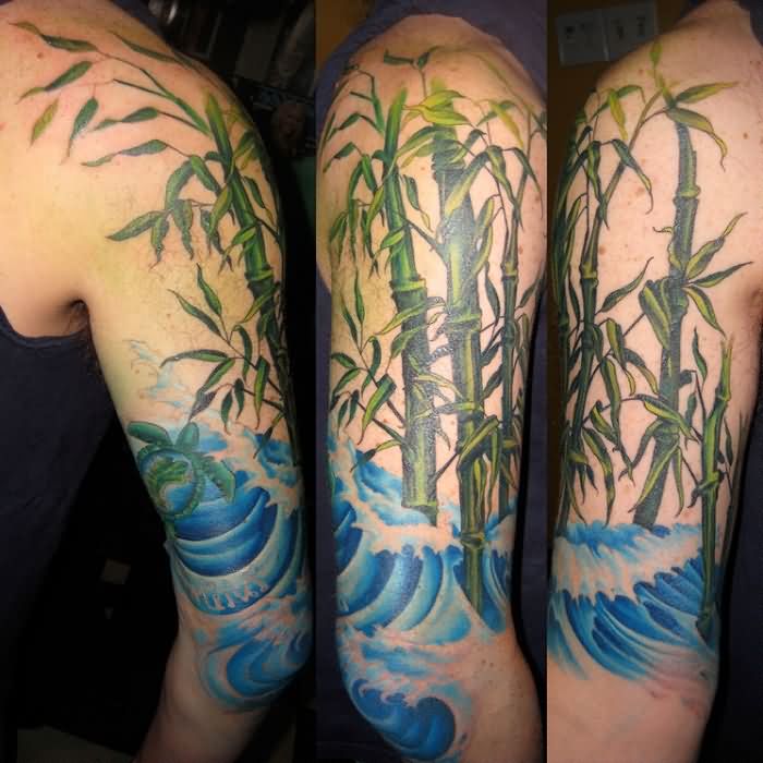 Green Ink Bamboo Trees Tattoo On Right Half Sleeve