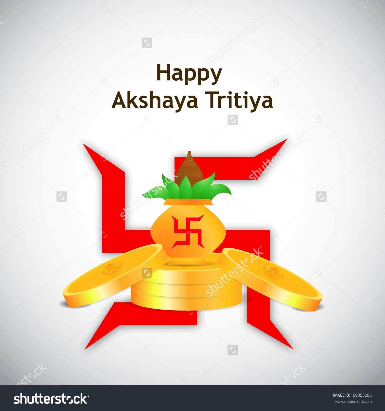 Happy Akshaya Tritiya Golden Coins, Kalash And Swastik Symbol Isolated On White Background