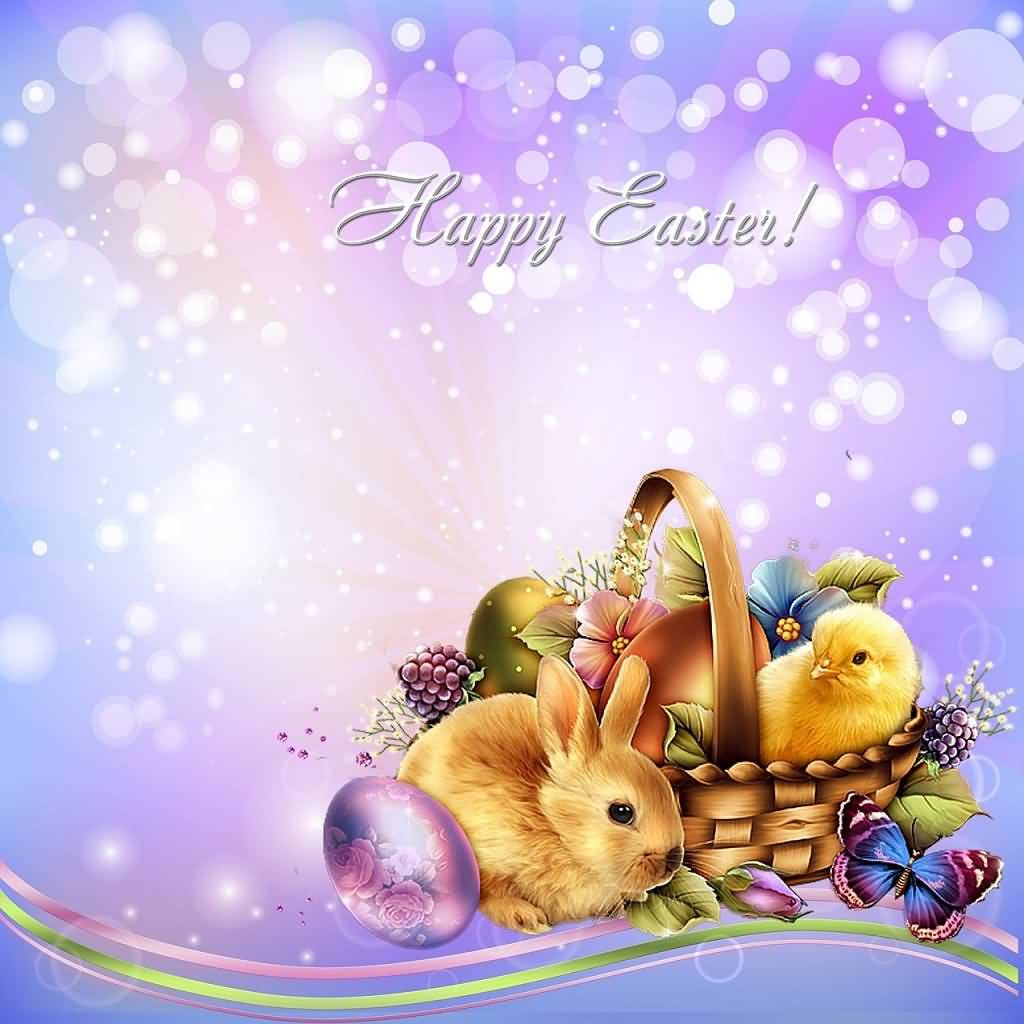 Happy Easter Bunny, Chicken And Eggs In Basket Card