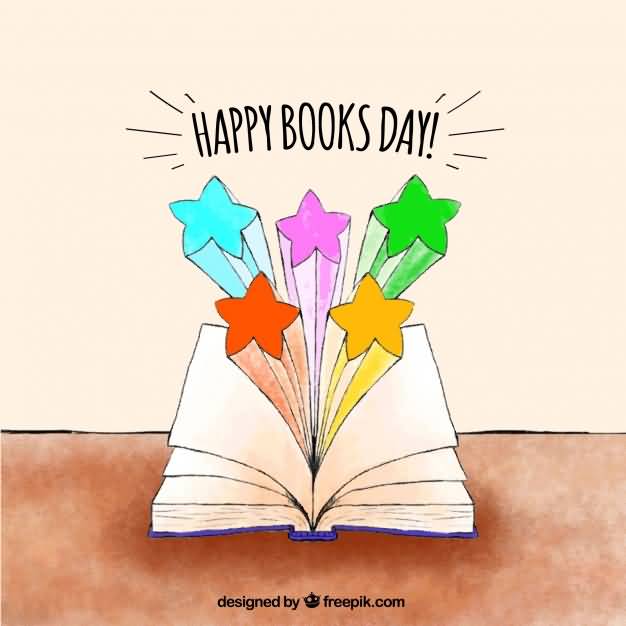 Happy World Book Day Open Book And Colored Stars Illustration