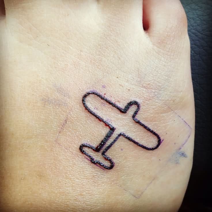 Inspiring Black Outline Airplane Tattoo On Right Foot