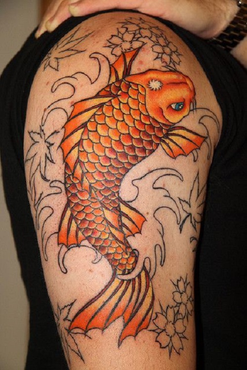 Japanese Koi Fish Tattoo On Right Shoulder