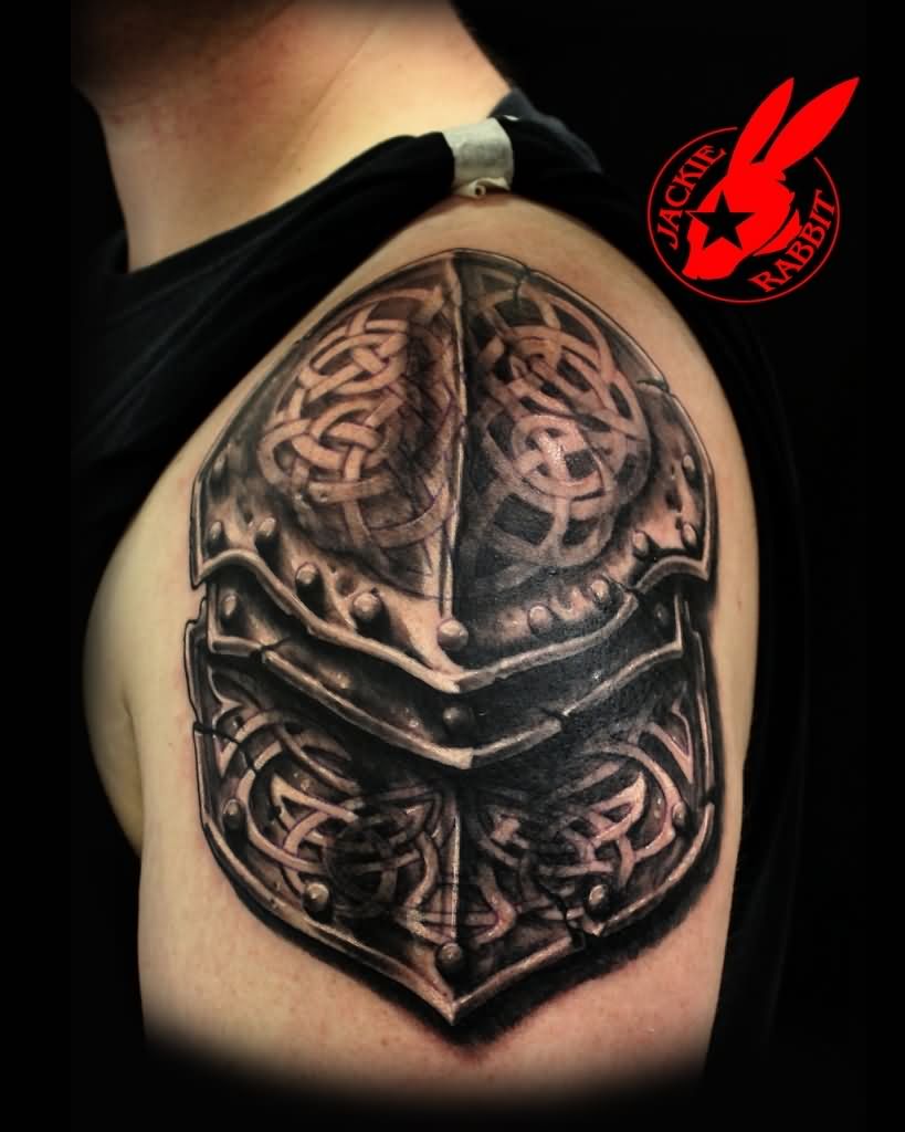 Latest Black Ink Armor Tattoo On Left Shoulder
