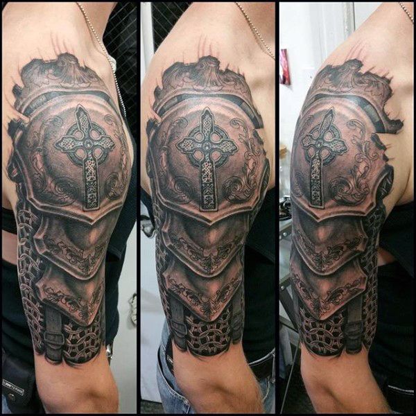 Latest Black Ink Armor Tattoo On Man Right Half Sleeve