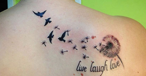 Live Laugh Love - Black Dandelion With Flying Birds Tattoo On Upper Back