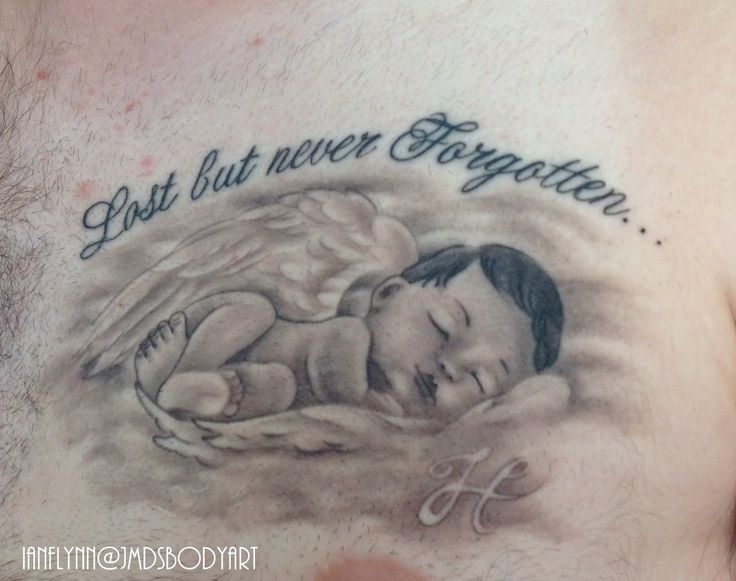 Lost But Never Forgotten – Classic Grey Ink Baby Angel Tattoo On Chest