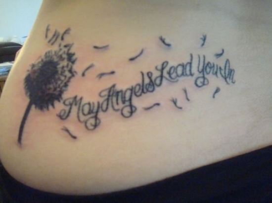 May Angels Lead You - Black Dandelion Tattoo On Lower Back
