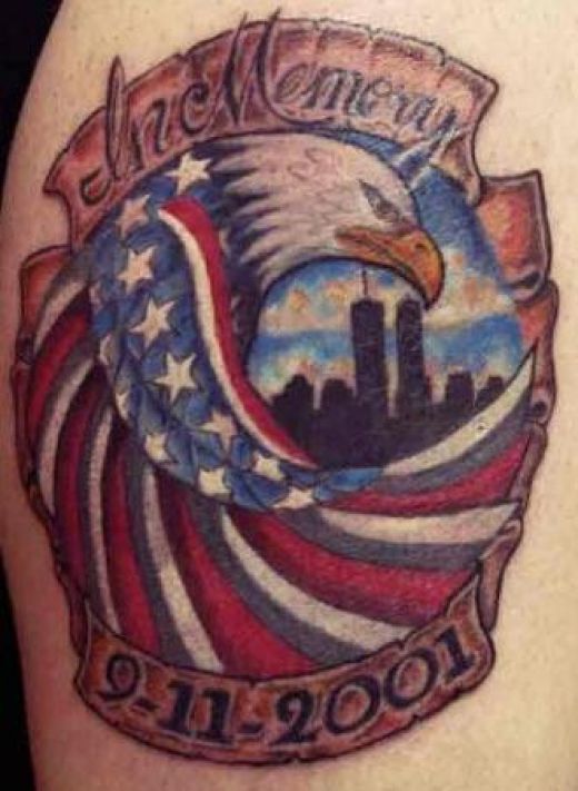 Memorial American Eagle With Banner Tattoo Design For Sleeve