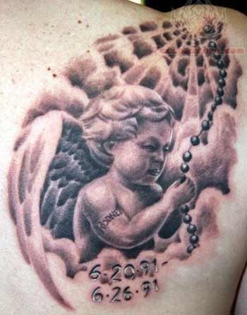 Memorial Black Ink Baby Angel Tattoo On Right Back Shoulder