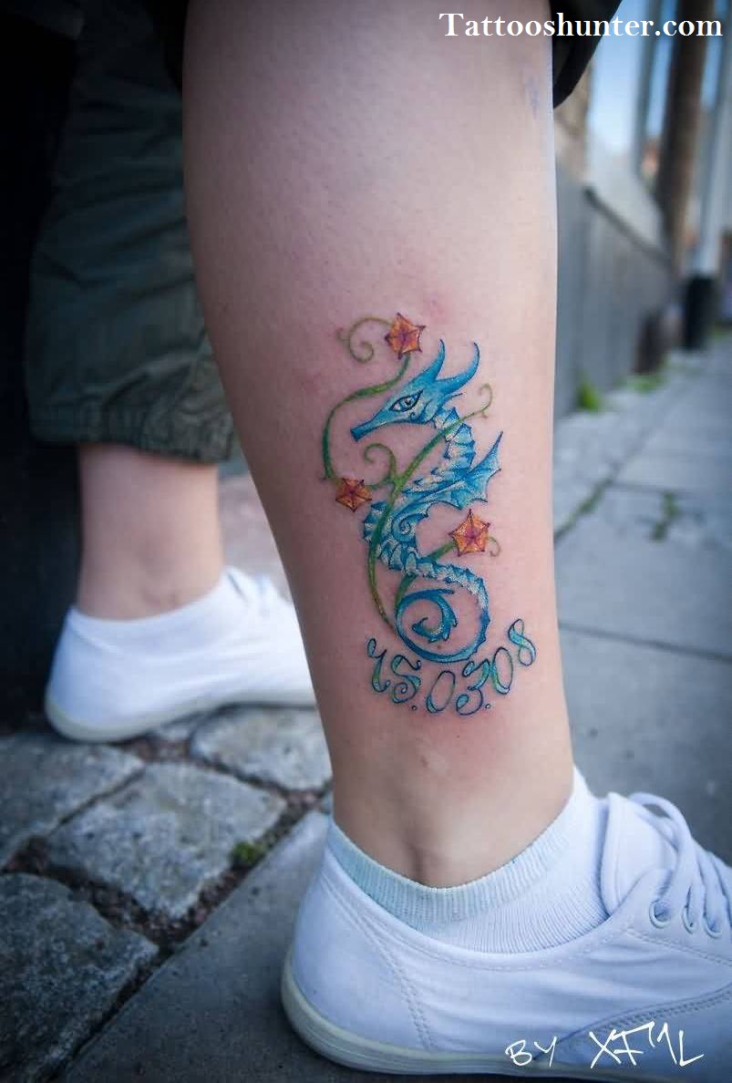 Memorial Blue Ink Aqua Seahorse Tattoo On Right Ankle
