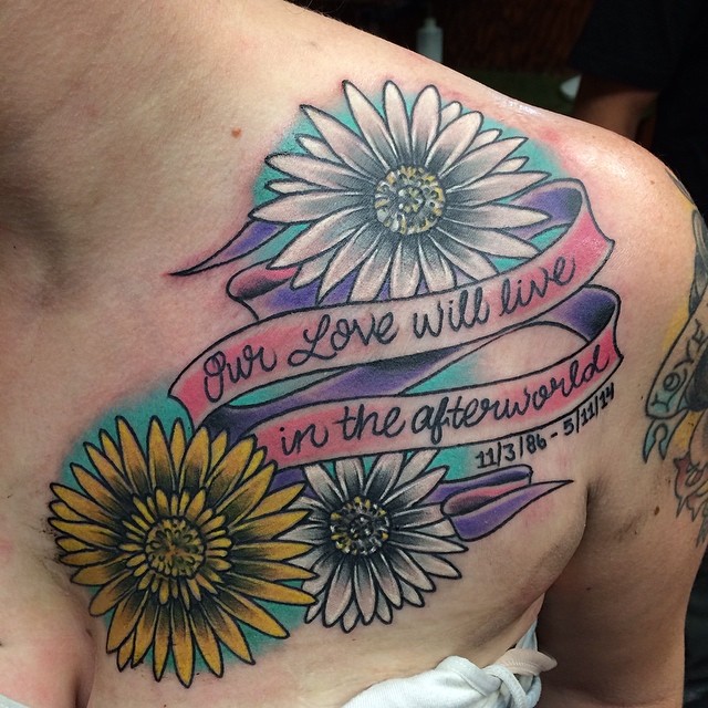 Memorial Daisy Flowers With Banner Tattoo On Left Front Shoulder