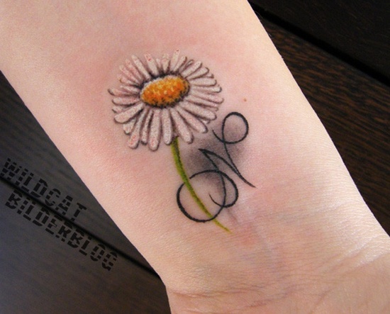 N Letter With 3D Daisy Flower Tattoo On Left Wrist