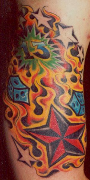 Nautical Star In Fire And Flame Tattoo On Right Half Sleeve