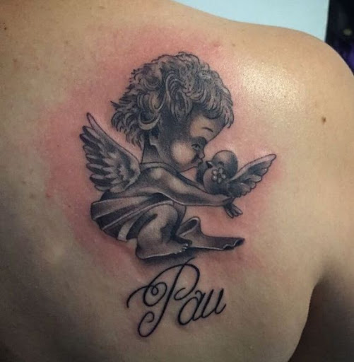 Pau – Black Ink Baby Angel Tattoo On Right Back Shoulder