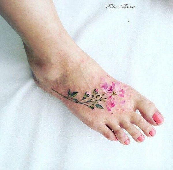 Pink Ink Flowers Tattoo On Right Foot