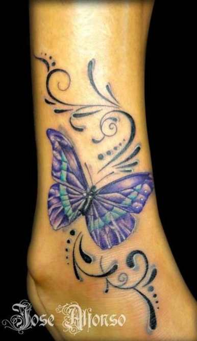 Purple Ink Butterfly Tattoo On Right Ankle