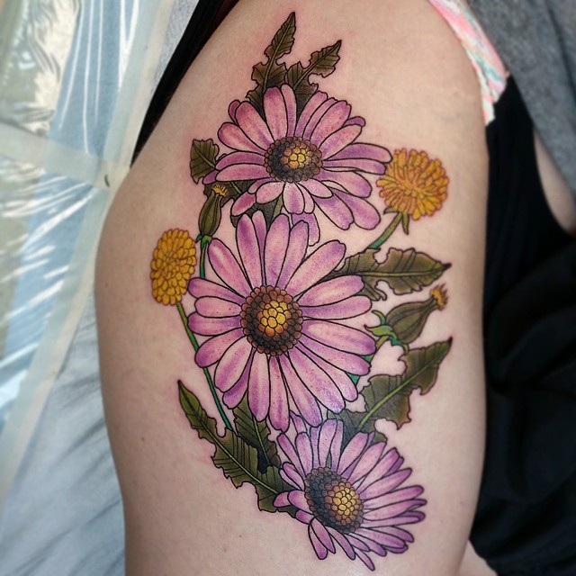 Purple Ink Daisy Flowers Tattoo On Right Half Sleeve