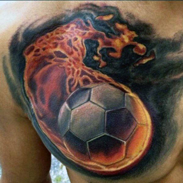 Realistic Flaming Football Tattoo On Man Right Front Chest