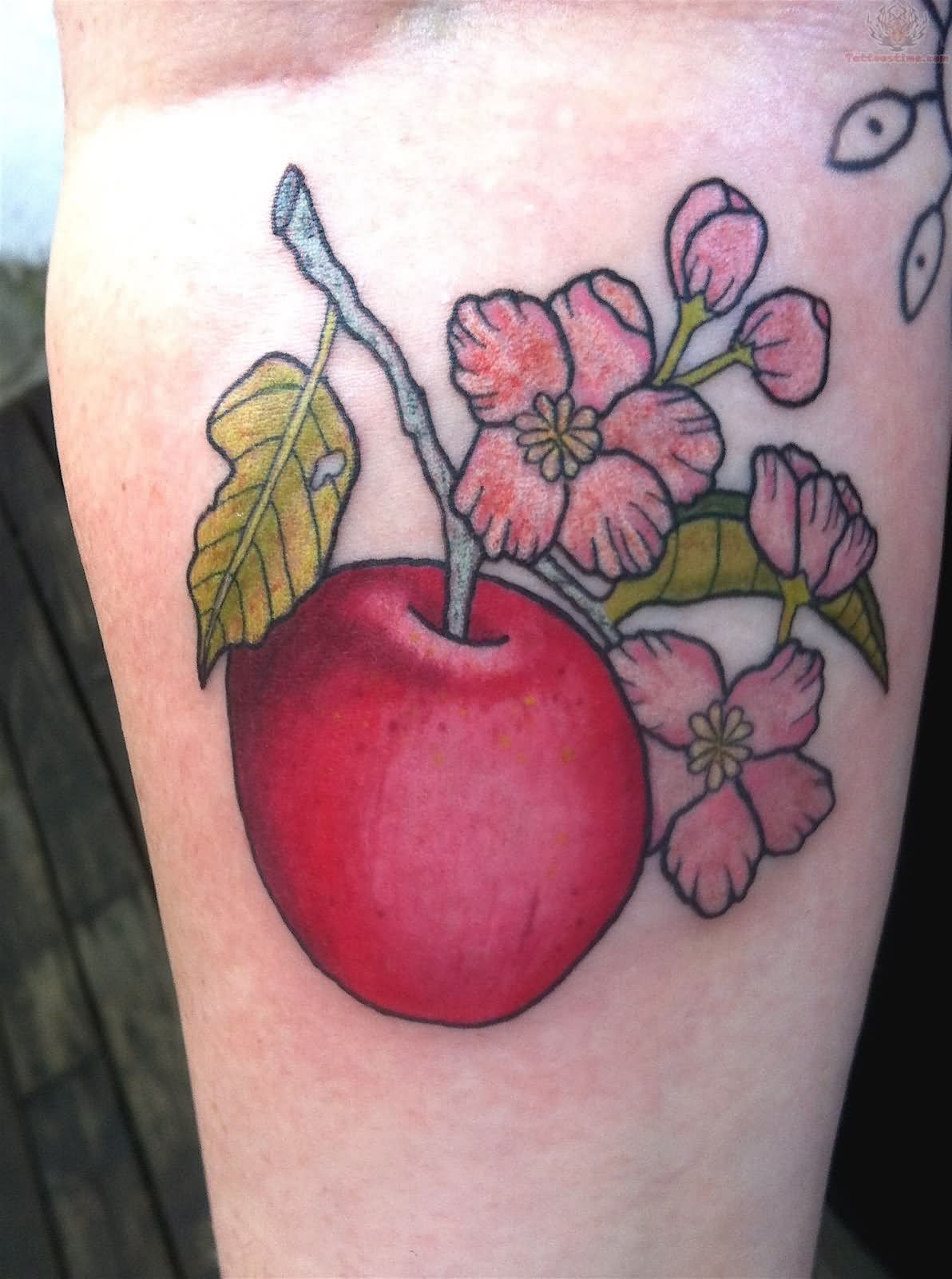 Red Apple With Flowers Tattoo Design For Sleeve