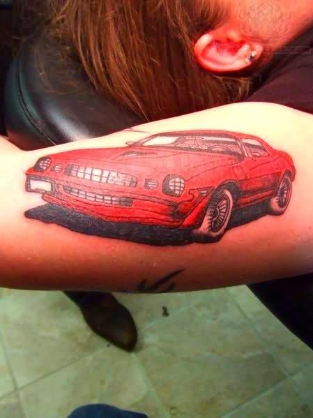 Red Camaro Car Tattoo On Right Bicep