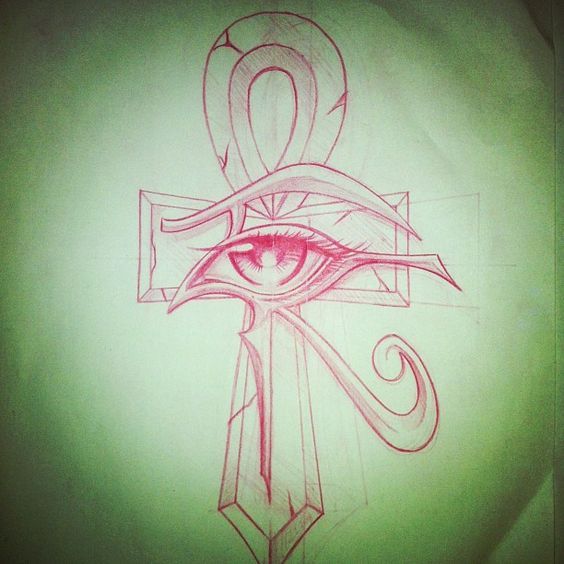 Red Ink Ankh With Horus Eye Tattoo Design