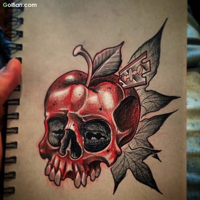 Red Ink Skull Apple Tattoo Design