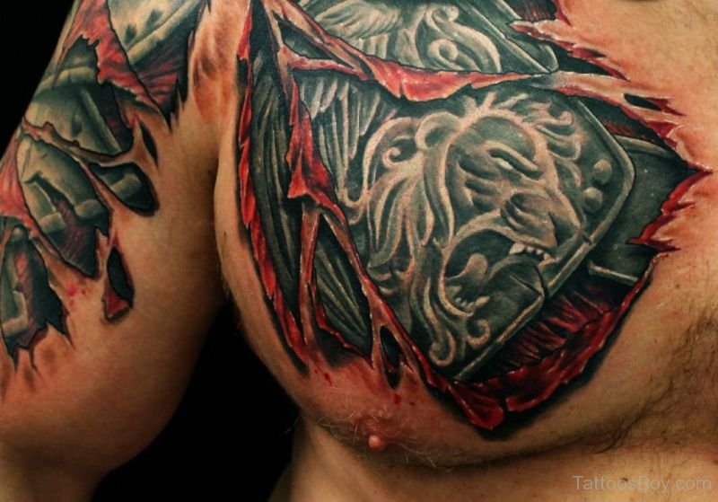 Ripped Skin Lion Armor Tattoo On Chest And Shoulder