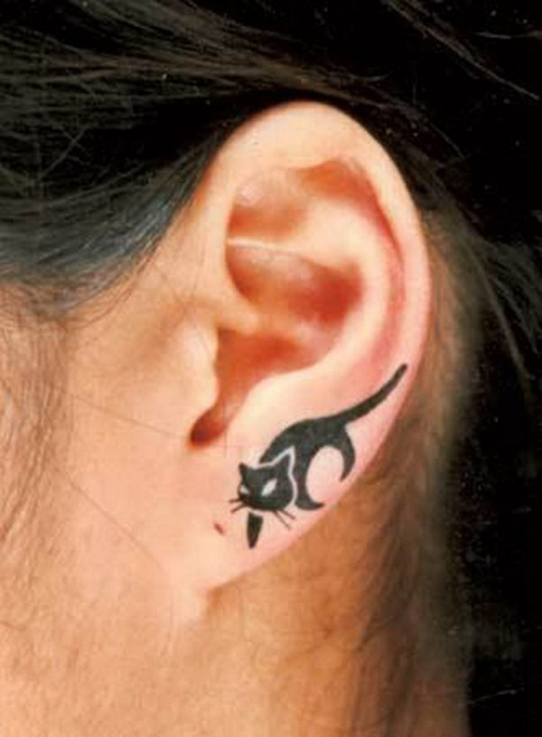 Silhouette Cat Tattoo On Girl Left Ear