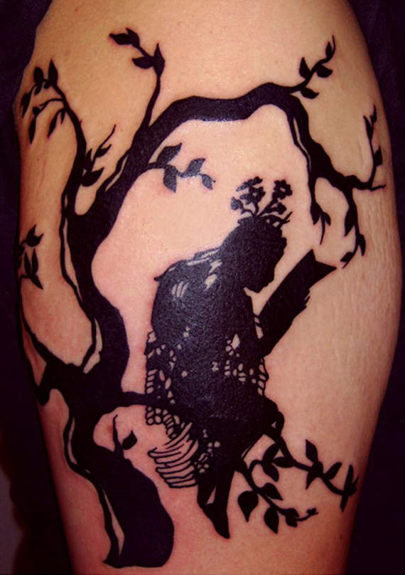 Silhouette Fairy On Tree Branch Tattoo Design For Leg