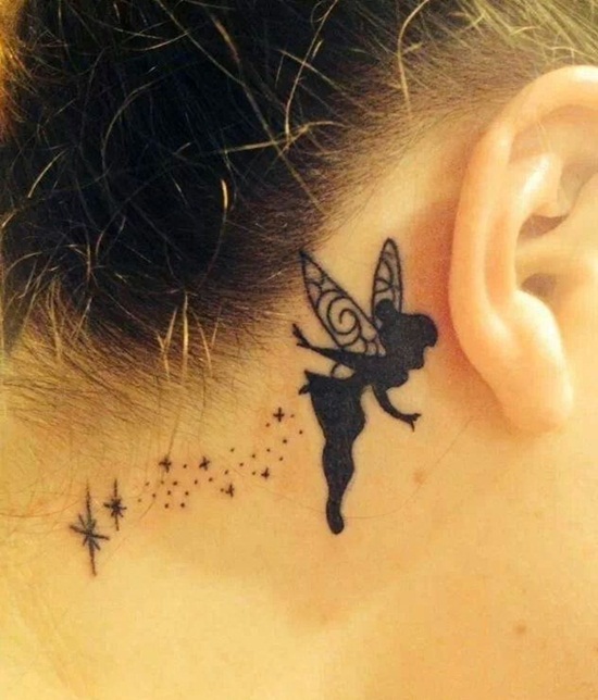 Silhouette Flying Fairy Tattoo On Right Behind The Ear