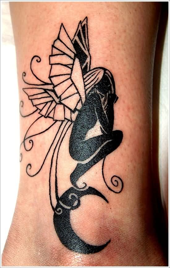 Silhouette Geometric Fairy With Half Moon Tattoo On Ankle