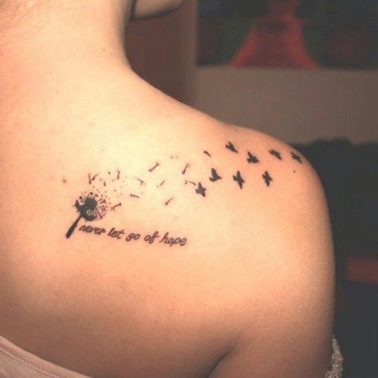 Simple Black Dandelion With Flying Birds Tattoo On Women Right Back Shoulder