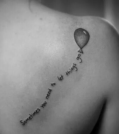 Sometimes You Need To Let Things Go - Black Ink Balloon Tattoo On Right Back Shoulder