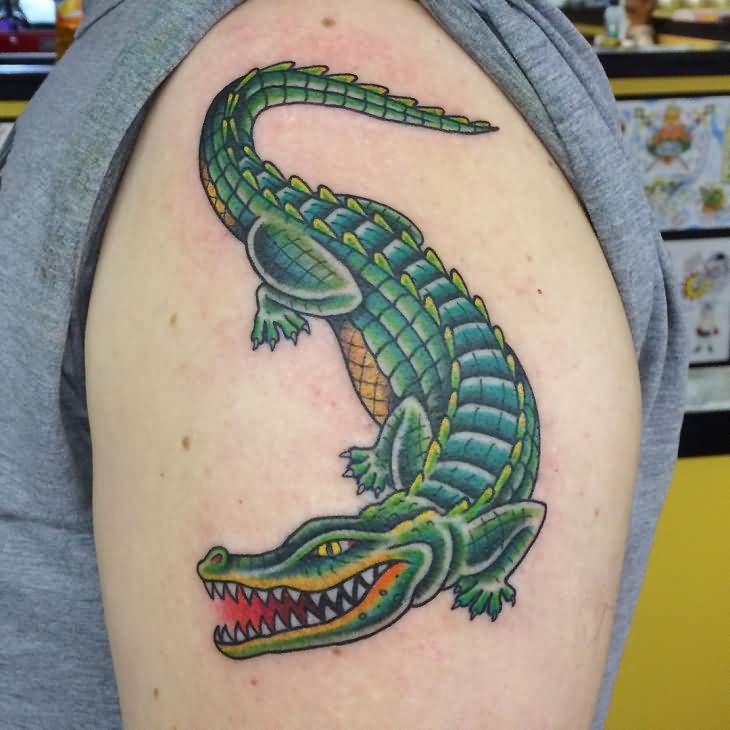 Traditional Alligator Tattoo On Left Shoulder
