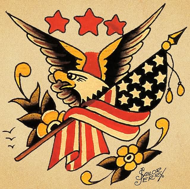Traditional American Eagle With Flag And Flowers Tattoo Design