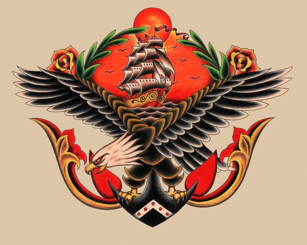 Traditional American Eagle With Ship And Anchor Tattoo Design