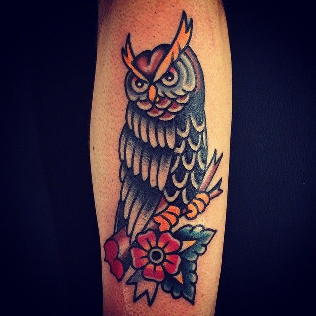 Traditional American Owl On Branch With Flower Tattoo Design For Sleeve