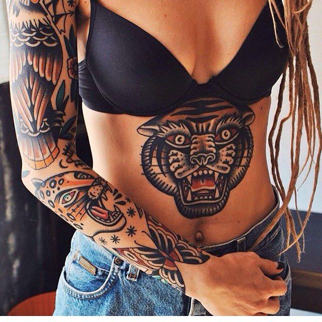 Traditional American Tiger Tattoo On Women Stomach