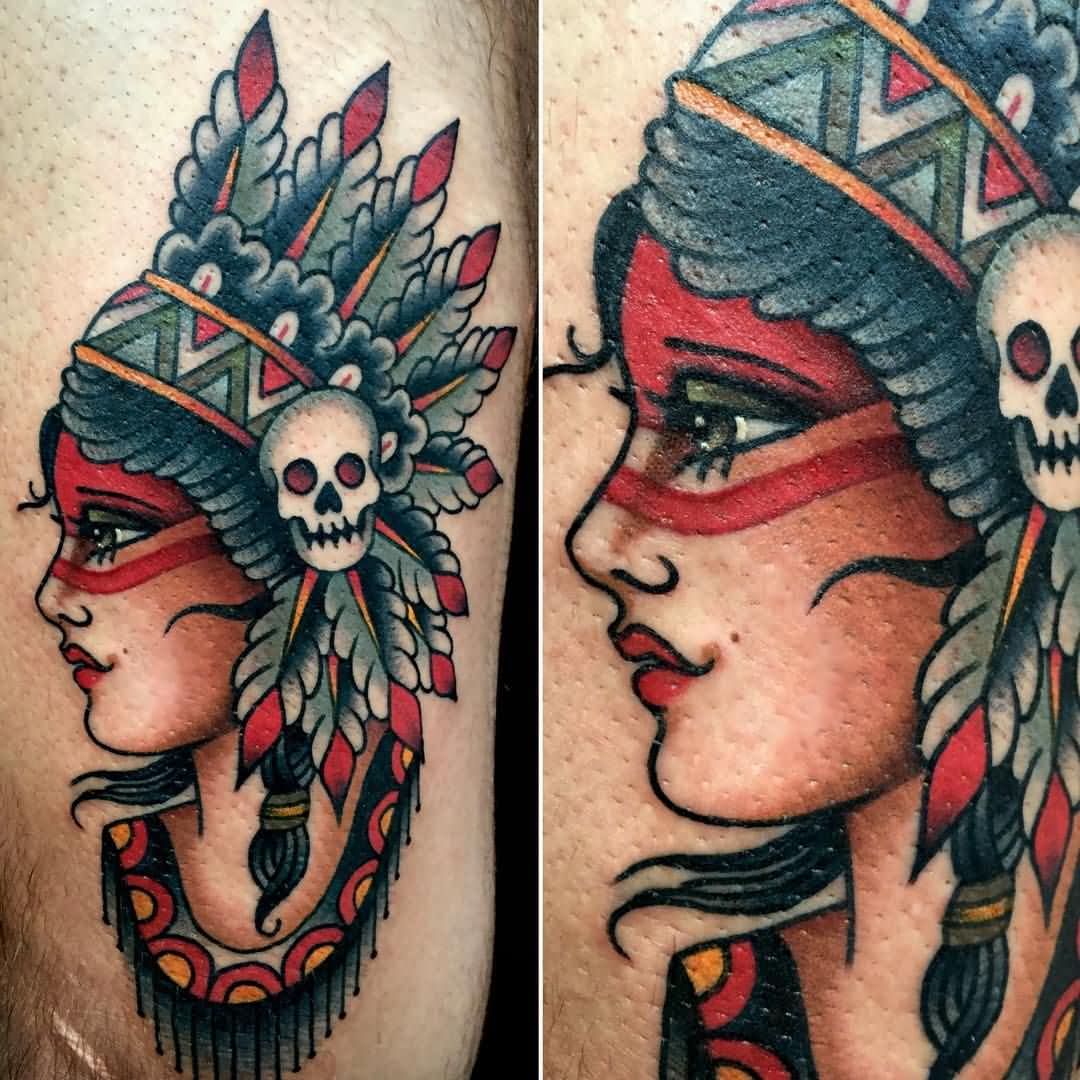 Traditional American Women Head Tattoo Design For Thigh