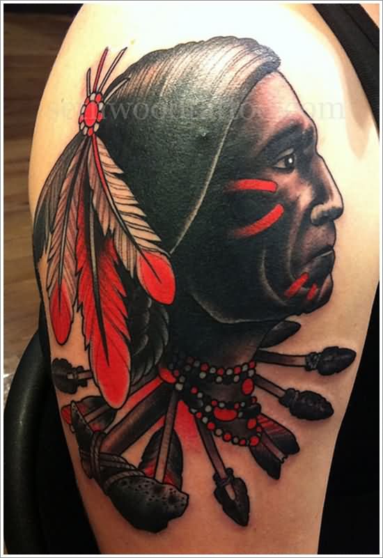 Traditional American Women Head Tattoo On Right Shoulder