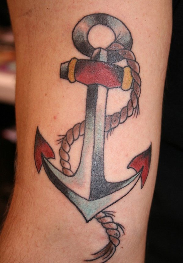 Traditional Anchor With Rope Tattoo On Right Bicep