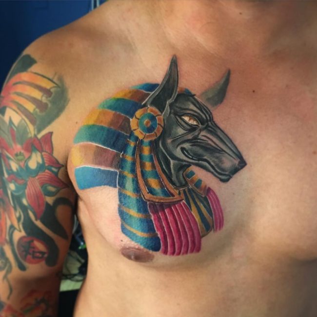 Traditional Anubis Head Tattoo On Man Right Chest