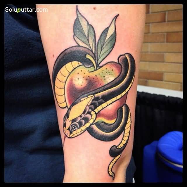 Traditional Apple With Snake Tattoo On Left Half Sleeve