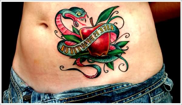 Traditional Apple With Snake Tattoo On Stomach